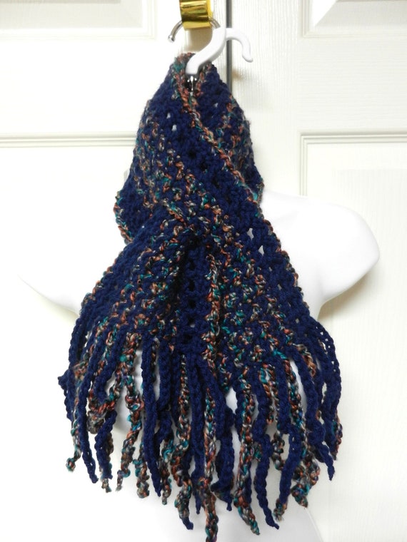 Hand Crocheted Blue Scarf, Blue and Red Scarf, Handmade Blue Scarf, Winter Scarf, Multicolored Scarf, Keyhole Scarf, Hand Crocheted