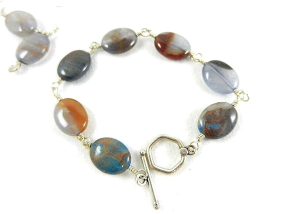 Blue Agate Sterling Silver Wire Wrapped Bracelet, Blue Agate Bracelet with Matching Earrings, Sterling Silver Wire Wrapped, Sterling Silver