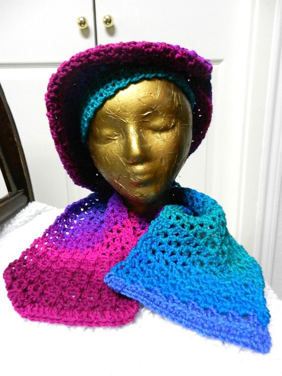 Blue Purple and Pink Hand Crocheted Scarf and Matching Tam Hat, Crocheted Hat and Scarf, Hat and Scarf Set, Blue Scarf, Purple Scarf, Pink