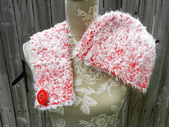 Red and White Fluffy Short Button Scarf and Matching Hat