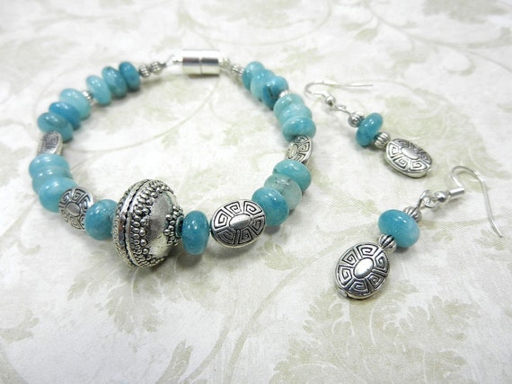 Aqua Marine Gemstone Bracelet with Matching Earrings