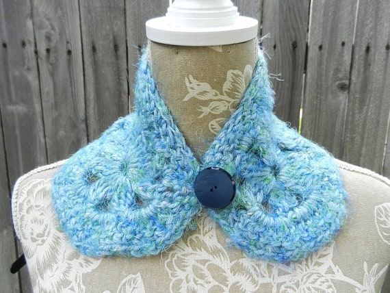 Blue and Green Hand Crocheted Short Flower Design Scarf with a Blue Vintage Button for Closure, Blue and Green Scarf, Blue and Green Cowl