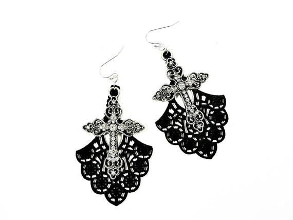 Black Fan Chandelier Earrings with a Crystal Silver Cross