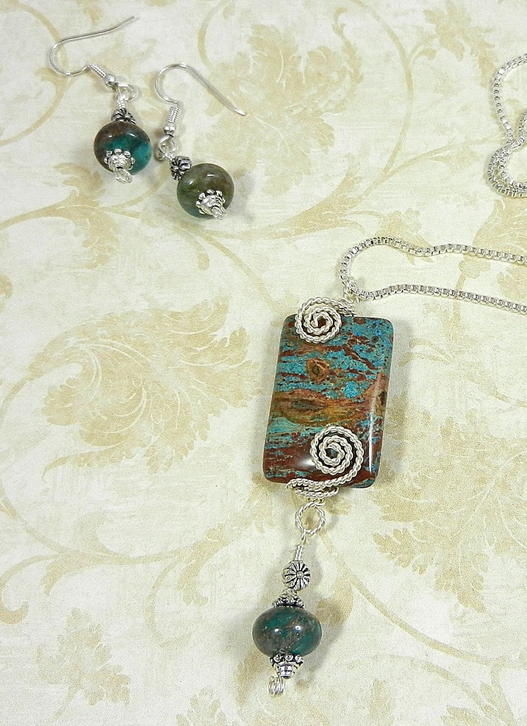 Blue and Brown Jasper Silver Wire Wrapped Rectangle Gemstone Pendant Necklace With Turquoise ...