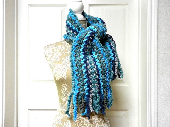 Blue and Brown Fluffy Long Hand Crocheted Winter Scarf