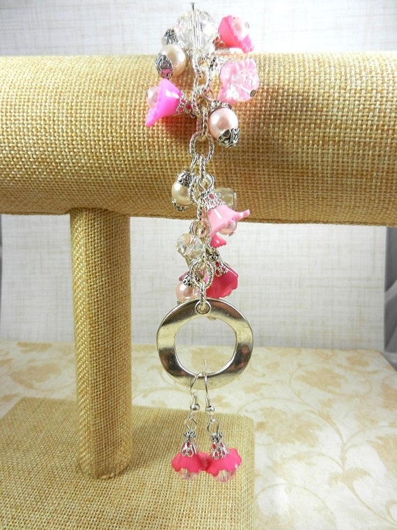 Pink Flower Clear Crystal and Pearl Charm Bracelet with Matching Flower Earrings, Pink Bracelet and Pink Earrings, Flower Charm Bracelet