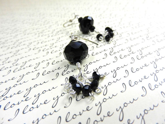 Black Crystal and Silver Wire Wrapped Earrings, Crystal Earrings, Black Crystal Earrings, Silver Earrings, Silver Wire Wrapped Earrings