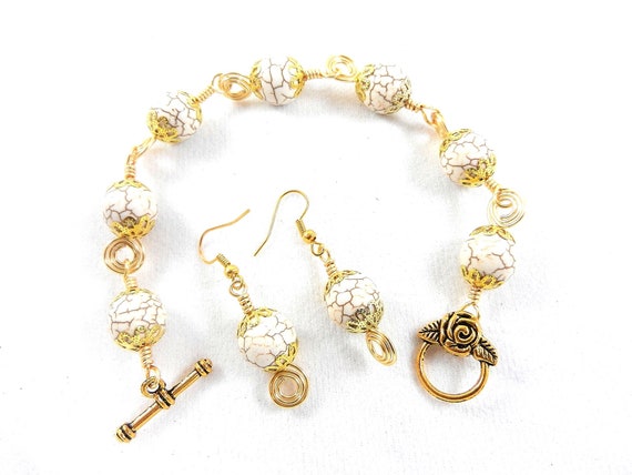 Gold Wire Wrapped White Turquoise  Bracelet and Matching Earrings, Handmade