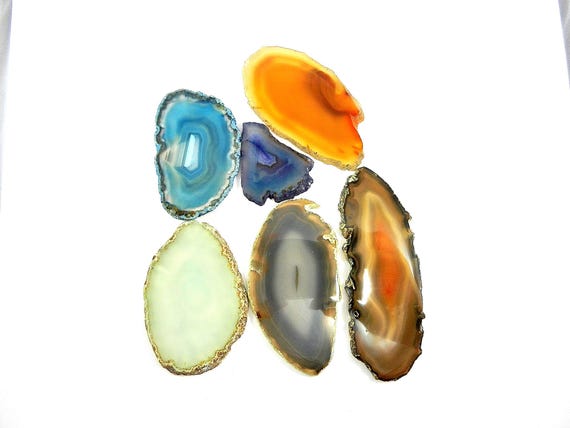 Destash Pendants, Six Geode Agate Sliced Pendants in Orange Cream Orange Black Brown Gray and Blue