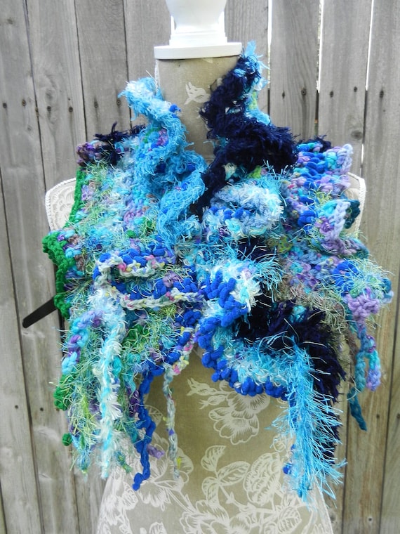 Blue Green Purple Hand Crocheted Scarf, Hand Crocheted Button Scarf, Hand Crocheted Short Scarf, Green and Blue Hand Crocheted Scarf