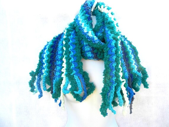 Fluffy Long Hand Crocheted  Winter Scarf  in the Colors of Blue and Green  with Hand Knotted Fringe