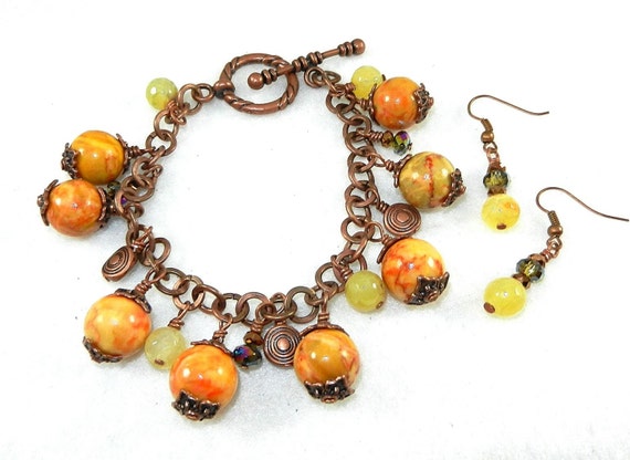 Jasper and Jade Bracelet and Earrings, Orange Jasper and Yellow Jade Bracelet and Earrings, Jade Bracelet and Earrings, Jasper and Copper