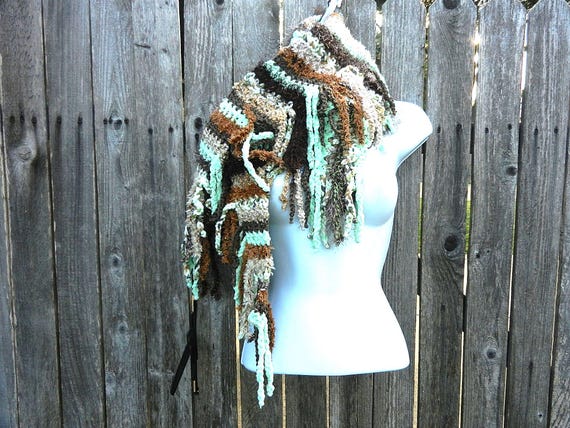 Green Brown Tan Long Scarf in a Short Shawl Pattern with Fringe