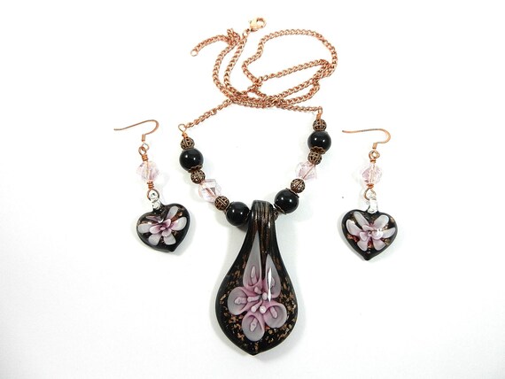 Lamp Work Pendant in Black with Pink Flowers on Copper Chain with Lamp Work Heart Earrings
