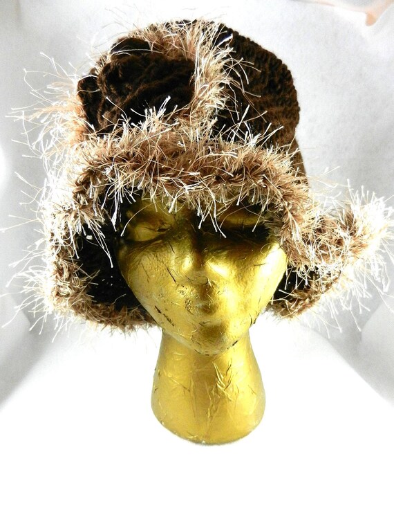 Hand Crocheted Brown Hat with a flower, Brown Crocheted Top Hat, Brown Crocheted Cloche Hat with a Flower, Brown and Tan Hat, Slouchy Hat
