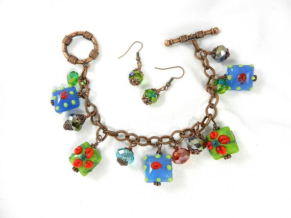 Copper Bracelet with Lamp Work Beads in Green and Blue with Matching  Earrings