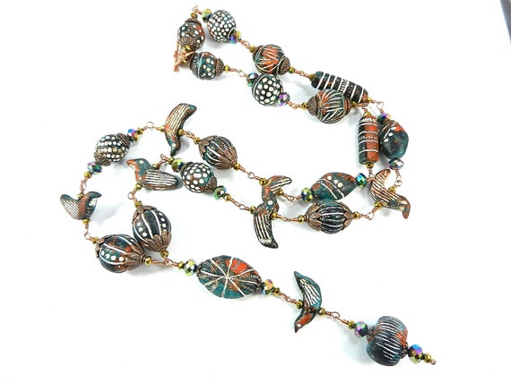 Blue Orange and White Clay Bead Copper Wire Wrapped Necklaces with Crystals and Matching Earrings