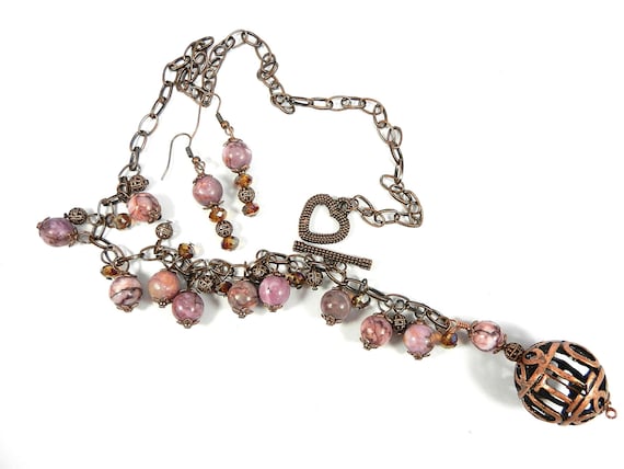 Pink Jasper and Antique Copper Bead Charm Style Necklace with I Love You Bead in the Center with Crystals and Matching Earrings