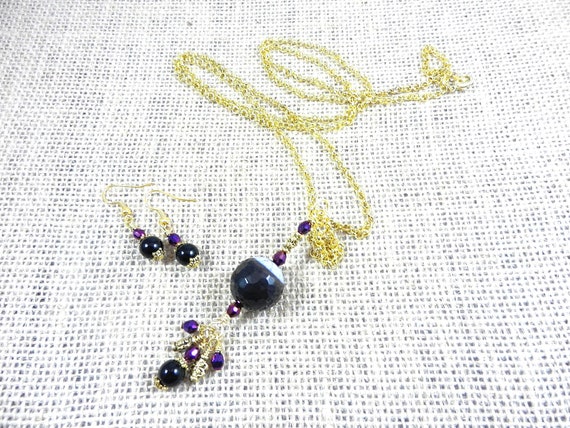 Purple Agate Tassel Necklace with Matching Earrings, Round Amethyst Gold Tassel Necklace, Amethyst Necklace, Amethyst Earrings