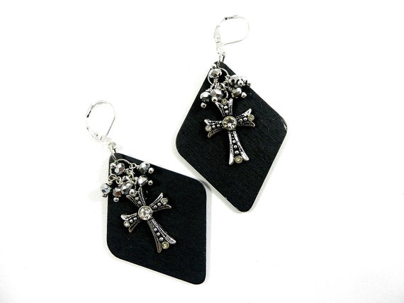 Diamond Shaped Black Wood Earrings with a Crystal Silver Cross