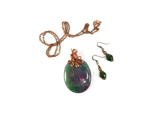 Copper Wire Wrapped Green and Pink Dragon’s Vein Oval Gemstone with Matching Jade Earrings