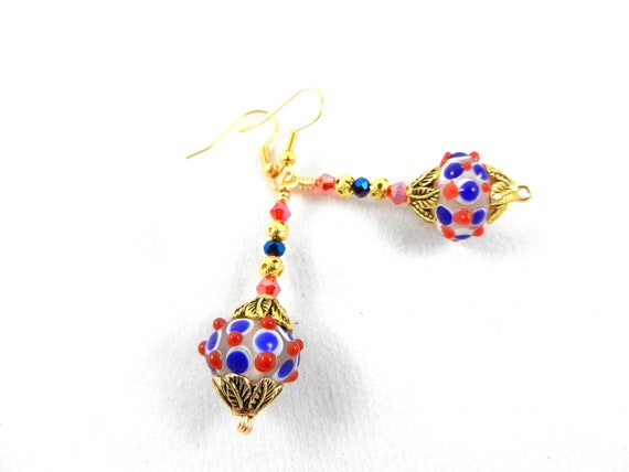 Red White and Blue Earrings, Lampwork Earrings, Gold Wire Wrapped Earrings, Crystal Earrings, Red and Blue Drop Dangle Earrings, Earrings
