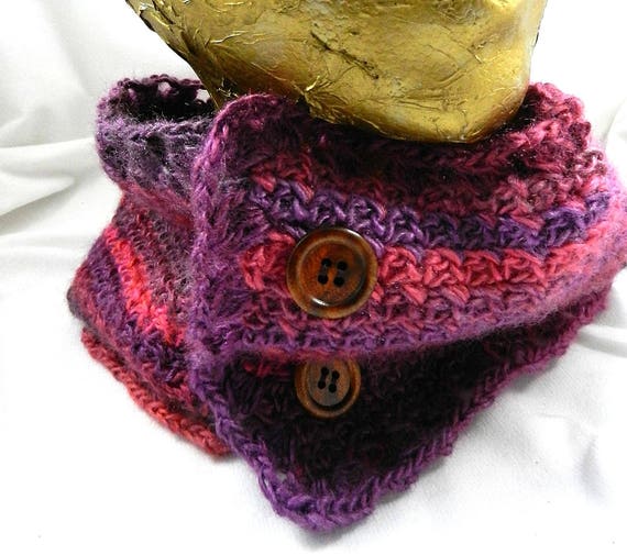 Pink Red Purple and Burgundy Hand Crocheted Neck Collar Scarf with Wood Button Closure, Purple Hand Crocheted Scarf