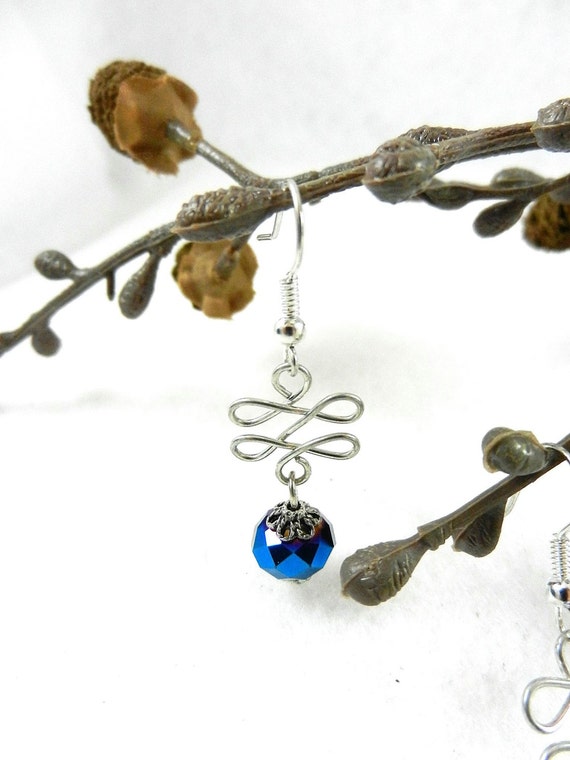 Royal Blue Faceted Crystal Earrings With Silver Wire Swirls