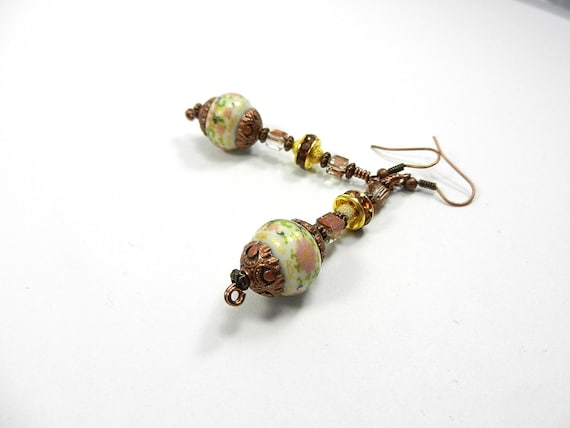 Pink and Cream Ceramic Bead Long Dangle Drop Earrings with Czech Crystals and Gold Beads on Antique Copper Wire
