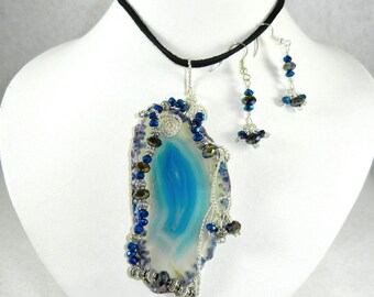 Large Blue Agate Geode Slice Gemstone Pendant Wire Wrapped in Silver Wire with Crystals and has Matching Earrings, Agate Pendant with Crysta