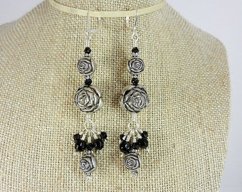 Silver Rose and Black Crystal Earrings