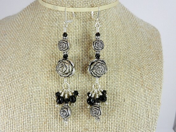 Silver Rose and Black Crystal Earrings