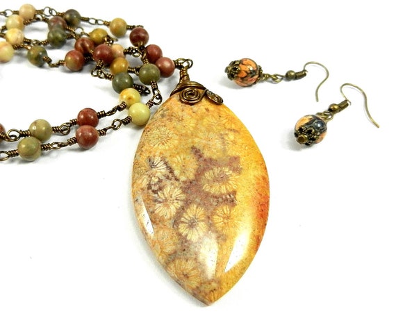 Chrysanthemum Fossil Coral in Cream Yellow Orange and Brown that is Bronze Wire Wrapped with Matching Picasso Jasper  Earrings