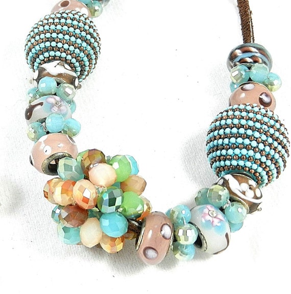 Blue Lavender Brown Crystal and Lamp Work Necklace on Leather and Matching Earrings
