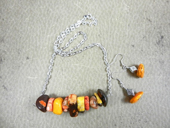 Yellow Orange  Brown Cream and Gold Turquoise Necklace and Matching Earrings