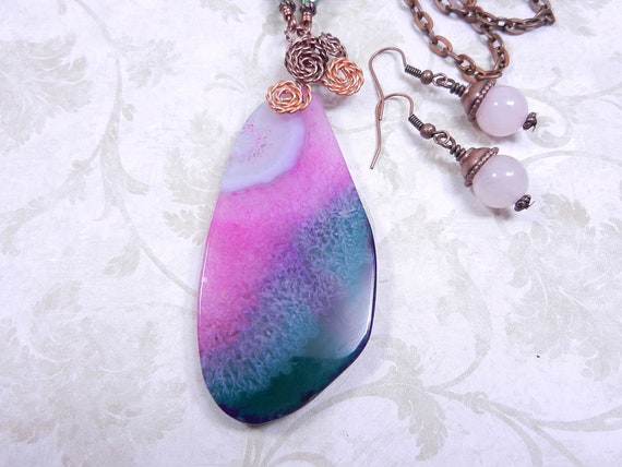 Copper Wire Wrapped Green and Pink Agate Gemstone, Rose Quartz Earrings, Pink Necklace and Earrings, Copper Necklace and Earrings