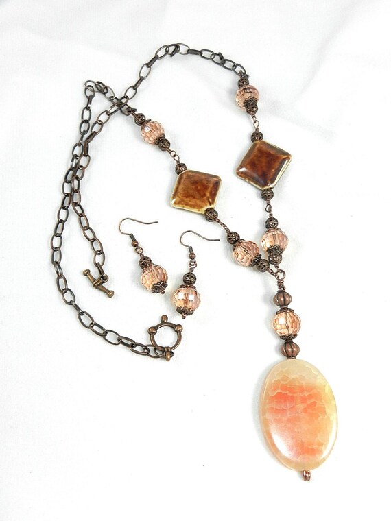 Peach Dragon’s Vein Agate Pendant Necklace with Earrings, Coral Agate Pendant Necklace