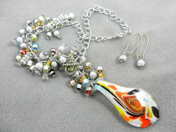 White Orange Yellow Blue and Brown Pendant, White Necklaces, Silver Necklaces, Silver Earrings, Pendants, Lamp Work Necklace, Orange
