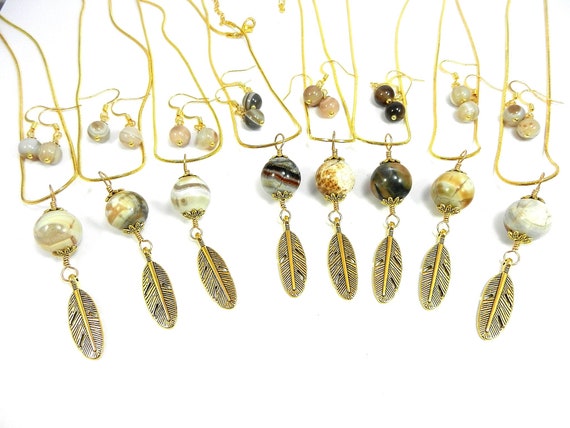 Gold Wire Wrapped Pendant Crazy Lace Gemstone with a Dangling Gold Feather and Matching Botswana Agate Earrings