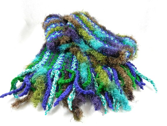 Purple Green Brown and White Hand Crocheted Fluffy Scarf