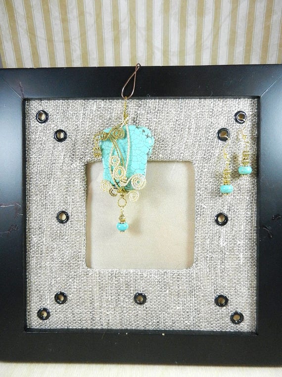 Turquoise Pendant Wire Wrapped in Gold Wire with Matching Turquoise Earrings, Turquoise Necklace, Turquoise Earrings, Gold and Turquoise