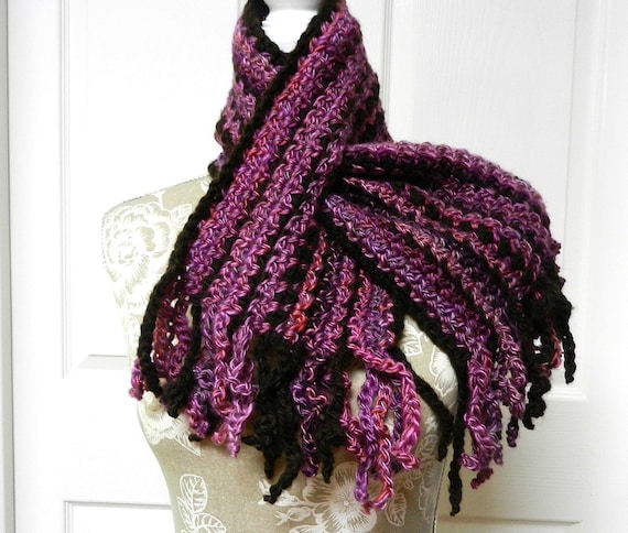 Hand Crocheted Short Scarf in Brown Pink and Purple with a Key Hole End