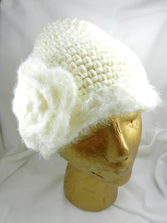 Hand Crocheted White Cap with Fuffy Trim and a Fuffy Flower,  White Hand Crocheted Hat with Fuffy Flower, Croheted Hat, Crocheted Flower