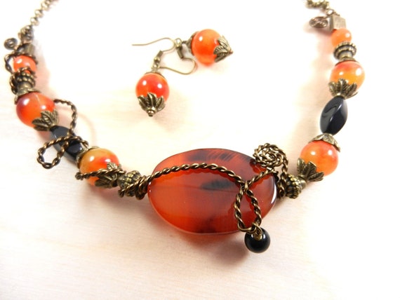 Orange and Black Agate Bead Necklaces with Black Onyx Beads and Orange Jade Earrings, Handmade Wire Wrapped Agate Gemstone Necklace Earrings