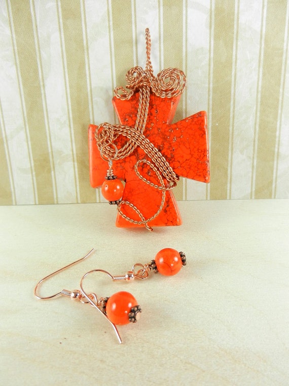 Orange Turquoise Gemstone Copper Wire Wrapped Pendant with Matching Orange Turquoise Earrings, Orange Turquoise Cross Necklace
