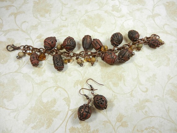 Clay Bead Charm Bracelet with Jasper Gemstones and Gold Faceted Crystals with Matching Earrings, Copper Bracelet, Charm Bracelet and Earring