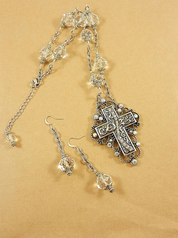 Silver Crystal Cross Pendant, Silver Cross Necklace and Earrings, Silver Crystal Cross Necklace and Earrings, Crystal Cross Necklace