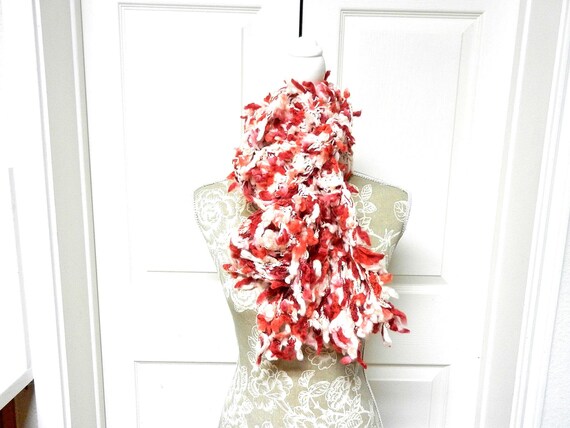 Red White and Pink Puffy Long Pom Pom Yarn Hand Crochet Scarf