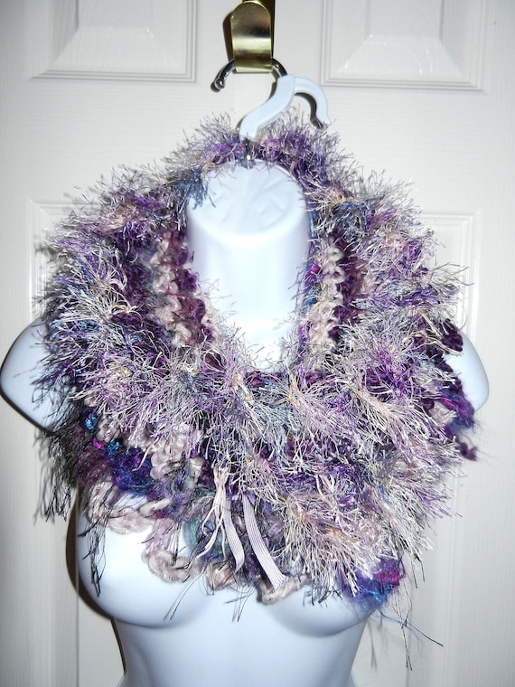 Purple and Pink Hand Crocheted Cowl with Ribbon and Fluffy Yarn, Purple Scarf, Pink Scarf, Fluffy Scarf, Purple and Pink Scarf