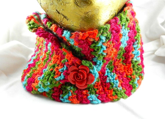 Red Blue Green Orange Short Cuff Cowl Hand Crocheted Scarf with a Rose Button, Neck Cuff Scarf, Hand Crocheted Scarf, Red Rose Scarf, Scarf